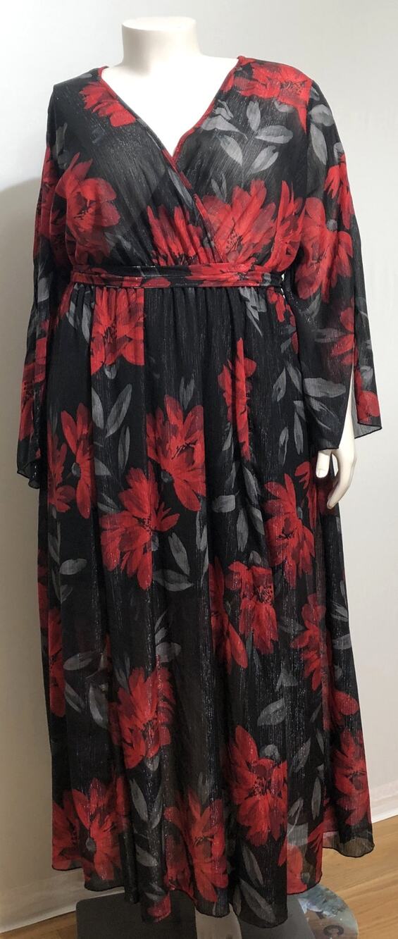 En Focus Women Plus 18W Black Red Rose Metallic Chiffon Maxi Dress Slit Sleeve